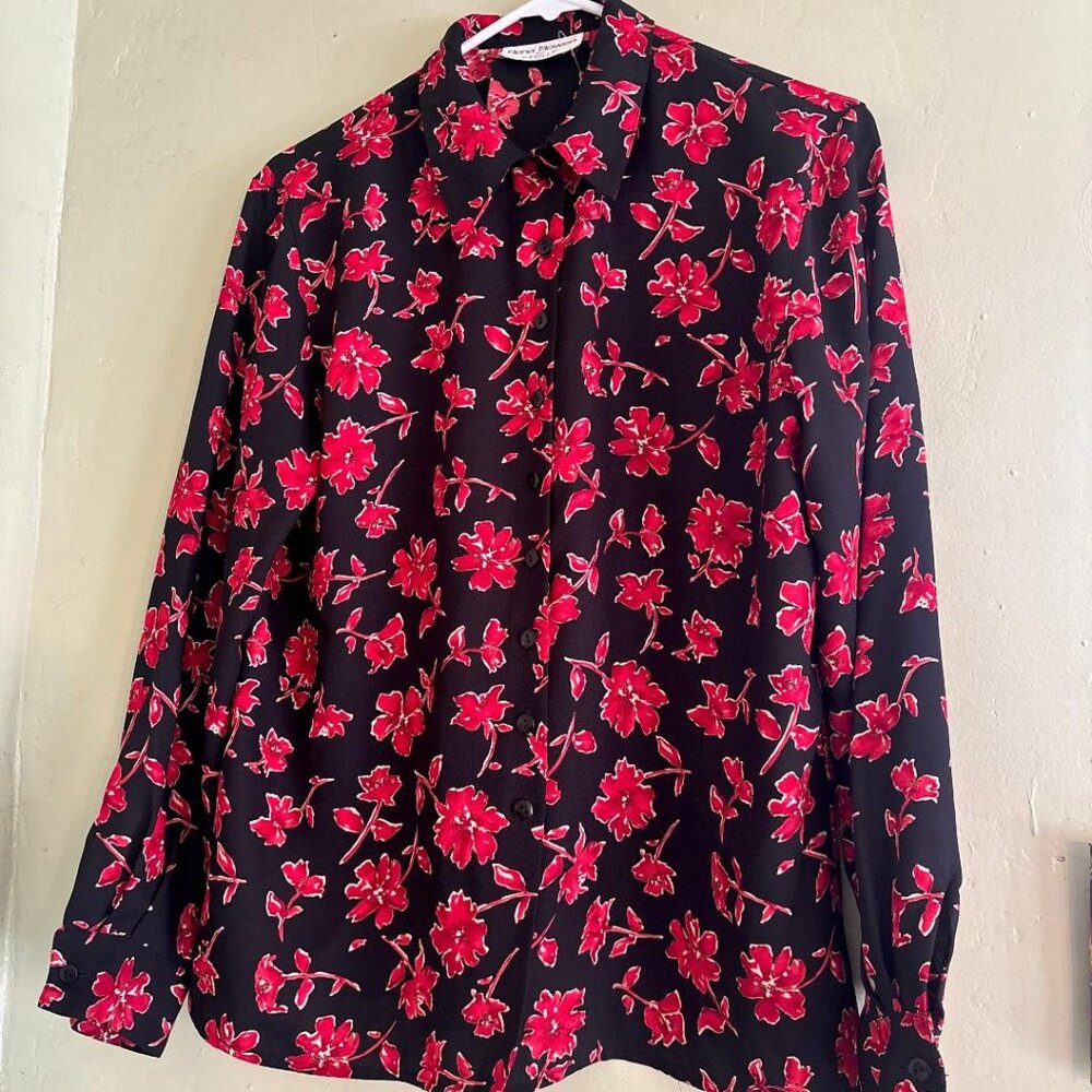 Rena Rowan for Saville Petite black and red floral long sleeve blouse